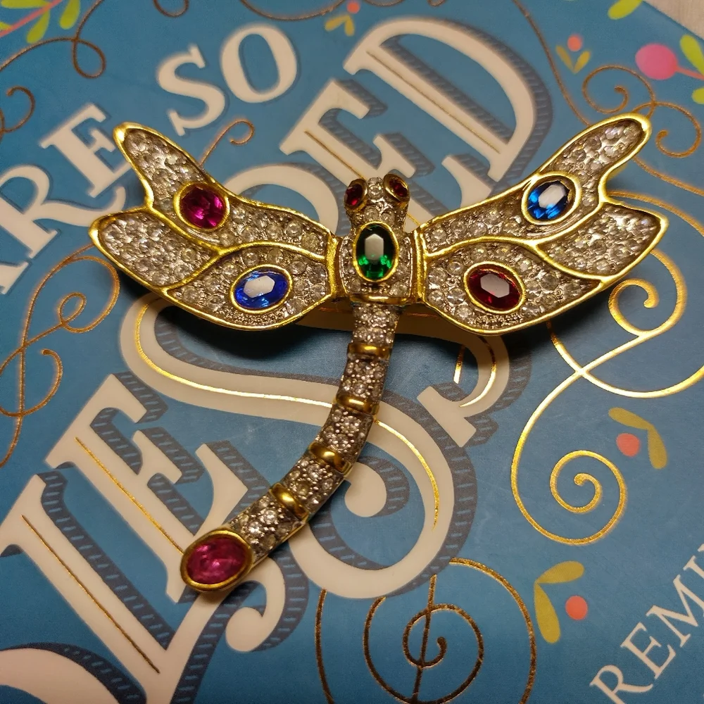 Gold Dragonfly Brooch Pin with Pink, Blue, Green, Red and Clear Rhinestones - Picture 3 of 8